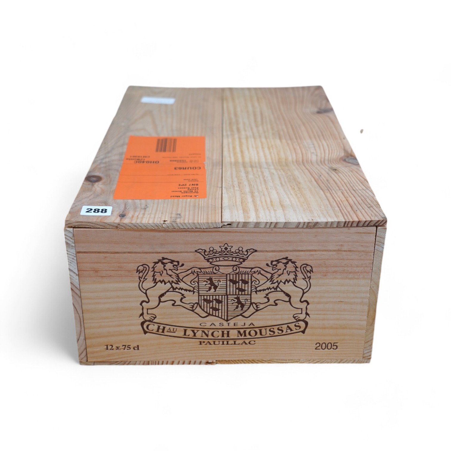 A sealed case of twelve bottles of 2005 Chateau Lynch Moussas, Pauillac, in OWC, purchased en primeur from The Wine Society. Condition - good